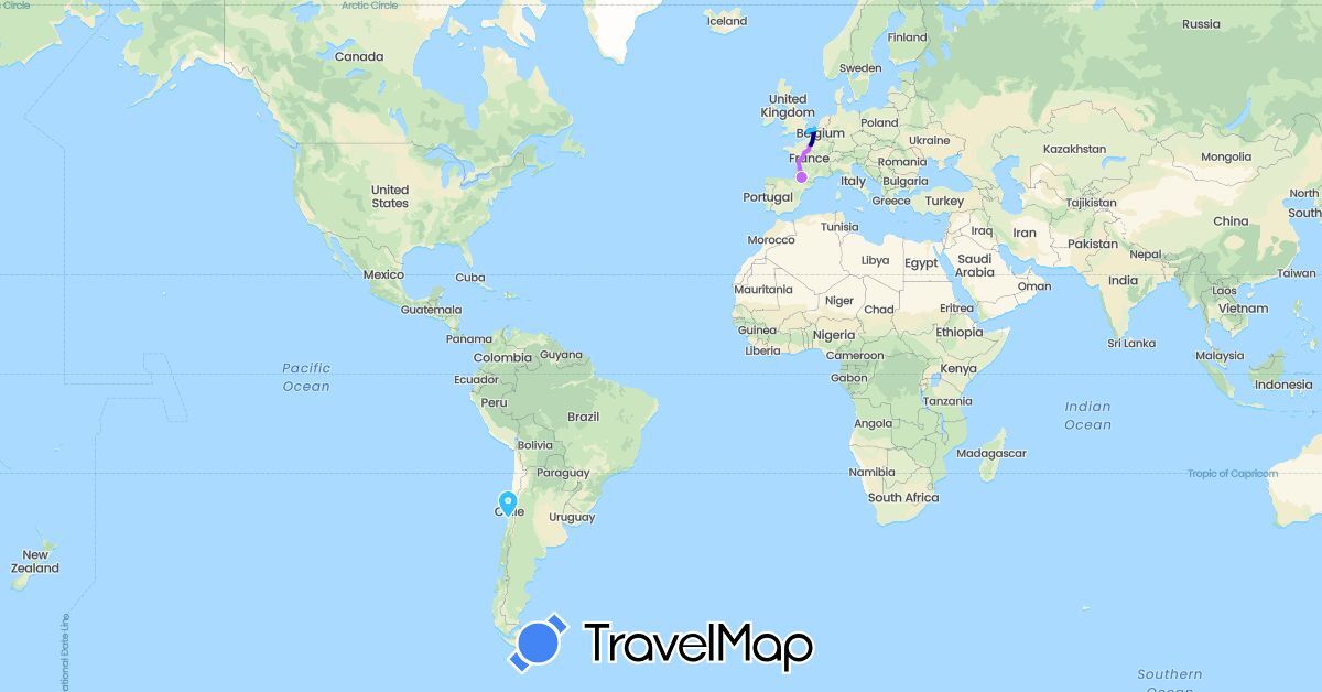 TravelMap itinerary: driving, boat, camping car in Chile, France (Europe, South America)